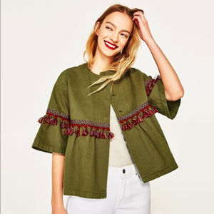NWOT Zara Green Crop Jacket w/ Tassels